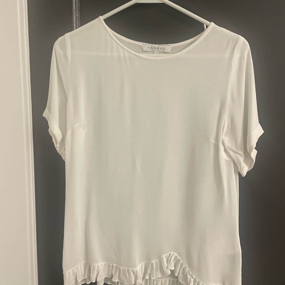 Sandro White Short-Sleeve Ruffle-Hem Blouse